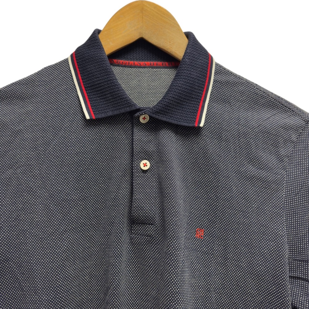 Carolina Herrera Men's Small Blue Pique Cotton CH Logo Contrast Knit Collar Polo